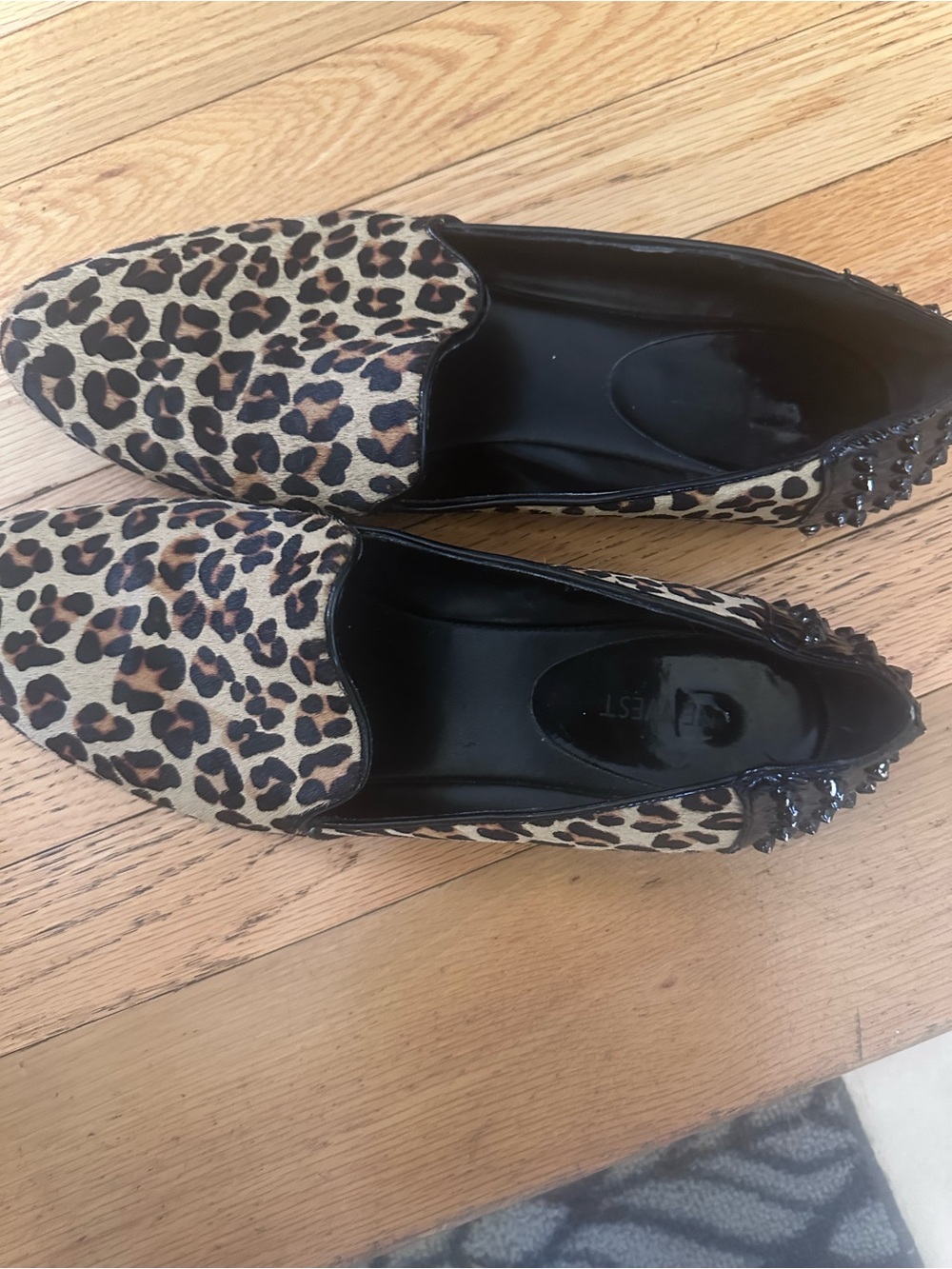 Nine West Genuine Calf Hair Leopard Smoking Flats Studded Heel